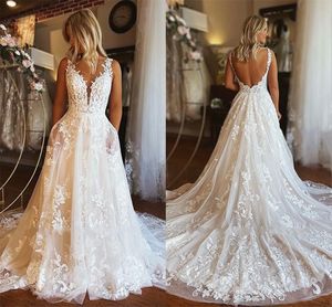 Sexy Lace Backless Wedding Dresses With Pocket A Line V Neck Appliques Tulle Summer Boho Bridal Gowns Plus Size BC15301