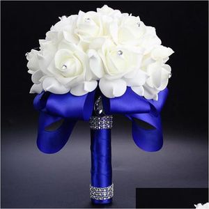 Festgåvor Elegant Rose Artificial Bridal Flowers Bride Bouquet Crystal Royal Blue Silk Ribbon Buque de NoivaBlue Drop Delivery Even Dh81p