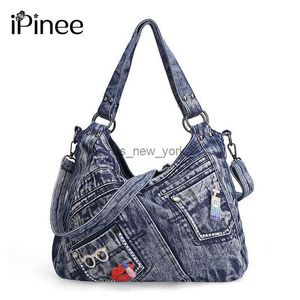 Hobo iPinee Trendy Women's Denim Bag Blue Jean Purses Vintage Handbags with Shine Sequins Glasses Decoration and Lip Embroidery HKD230817