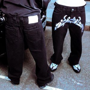 Herr jeans modebrev tryck jeans kvinnor män svart lös gata hip-hop jeans y2k punk casual rak bred benbyxor 230817