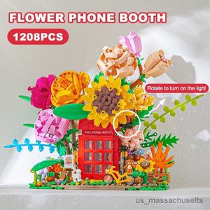 Blocks Creative Romantic Eternal Flower Bouquet Building Blocks Phone Booth Rose Model Assembly Brick Home Decoration Toy Gift till Kid R230817
