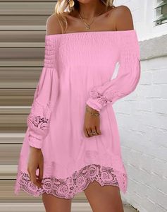 Casual Dresses Fashion Off Shoulder Dress Women 2023 AutumnLantern Sleeve Shirred Lace Trim Elegant A Line Mini Fresh Sweet Style
