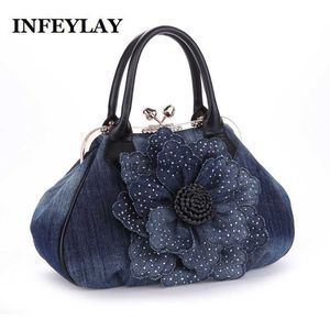 Marca hobo marca 3d jeans rosas flores saco de ombro com gravação lindas mulheres bolsas casuais moda girl saco mensageiro vestido saco vintage hkd230817