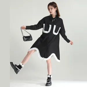 Casual Dresses 2023 Autumn Irregular Women Loose Slim Black White Contrast Color Clothing Mid-length Lapel Dress Cotton Wave High Waist