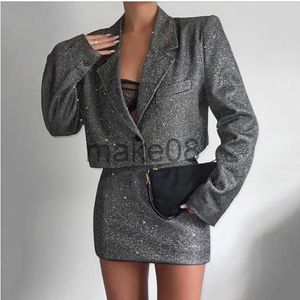 Zweiteilige Hosen für Frauen 2022 Neue Blazer zweiteilige Sets mit Rock Frauen Outifits Fall Sliver Farkly Blazer Sets Party Anzug J230816