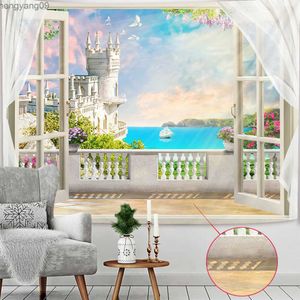 Arazzi 3d Finestra Sea Decorazioni per la casa tessuto Castle Flowers Vines Mandala Tapestry Hippie Wall Art Decor soggiorno Murale R230817