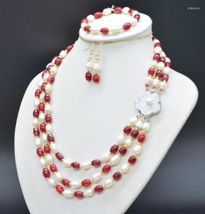 Necklace Earrings Set Superb Design. Charming. 3 Rows Of Natural Pearls Coral Necklaces Bracelets And Earrings. Perfect