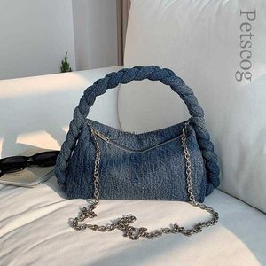 Hobo Denim Stoff Frauen weiche Handtaschen Kette Gurt Massive Schulter -Cross -Body -Tasche Mode Luxus weibliche kleine Einkaufstaschen Clutch -Geldbörse HKD230817