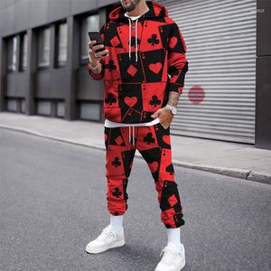 Herrspårspår Spring och Autumn Red Poker 3D Print Fashion Par Sports Suit Pull Rope Hoodie Jumper Slim Street Pants Man Tracksuit