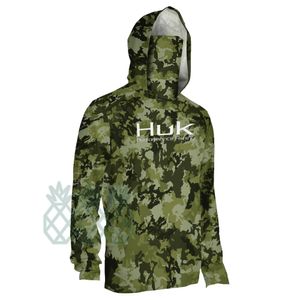 Outdoor Shirts HUK Fishing Clothing Camouflage Men's Long Sleeve Mask Hooded Fishing Shirts Upf 50 Uv Protection Performance Fishing Apparel 230816