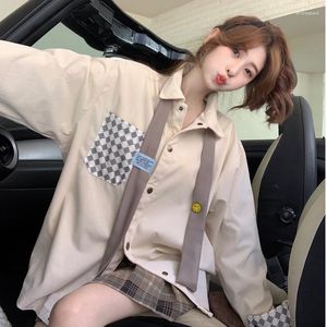 Women's Blouses 2023 Autumn Winter Casual Simple Ribbon Pocket Patch Cute Loose Color Contrast Tidal Current Long Sleeve Women Shirt Top