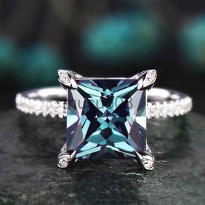 Band Rings Huitan Luxury Princess Cut Square Cubic Zirconia Blue Rings for Women Elegant Wedding Anniversary Party Lady Ring Nya smycken J230817