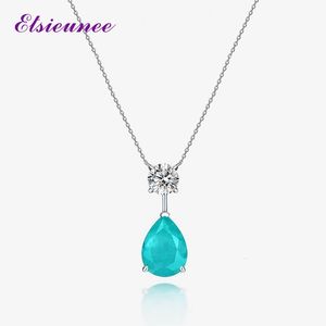 Pendant Necklaces ElSIEUNEE 925 Sterling Silver Pear Paraiba Tourmaline Simulated Diamond Necklace Party Fine Jewelry 230817