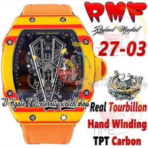 RMF 27-03メンズウォッチリアルツアービヨンハンドワインディングレッドイエローTPTクォーツカーボンファイバーケーススケルトンダイヤルオレンジナイロンストラップ2023スーパーエディションスポーツエタニティウォッチ