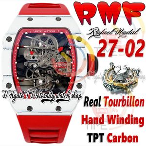 RMF 27-02 MENS Titta på Real Tourbillon Mechanical Hand Winding TPT Quartz Carbon Fiber Case Skeleton Dial Red Rubber Strap 2023 Super Edition Sport Evitity Watches