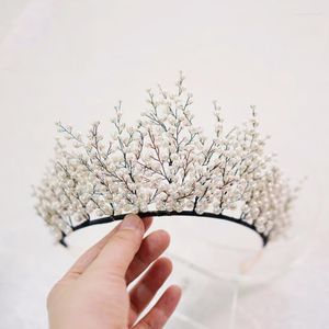 Hårklipp Pärl Big Crown Wedding Tiara och underbar svart tråd Handgjord pekband Brudstycke Vintage smycken