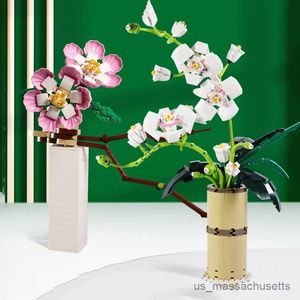 Bloki Walentynkowe Bukiet Bukiet Bloków budowy domu Bonsai Plant Romantic Rose Flower Model DIY Zgromadzony cegła Prezent R230817