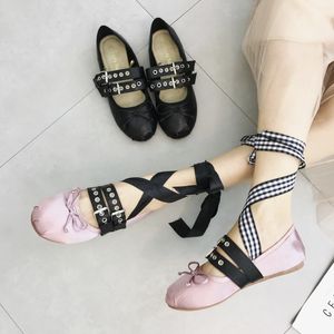 Silk Lace TINGHON Up Dress Classic Ballet Round Toe Bowtie Women Flats Elegant Valentine Shoes 23081 85