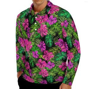 Plantas de polos masculinas imprimem camisetas casuais casuais flores tropicais camisa pólo masculino estético outono de manga longa topo gráfico de tamanho grande 5xl 6xl