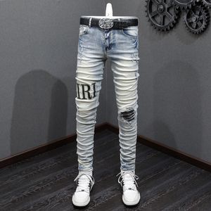 Herren Jeans Street Mode Männer Retro Yellow Blue Elastic Stretch Skinny Ripped Brand Patches Designer Hip Hop Hosen Hombre 230816