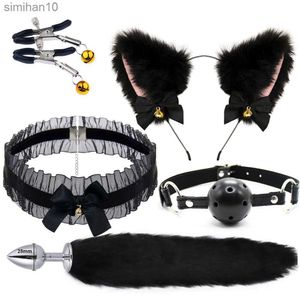 Anal Toys Fox Tail Anal Plug Metal Butt Plug Tail Cat Ears Headbands Bell Collar Mouth Plugs Erotic Cosplay Set Intimate Toys for Couples HKD230816