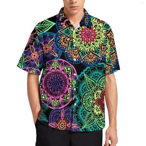 Herren lässige Hemden Neon Mandala Urlaubshemd farbenfrohe Blumendruck Hawaii Männlich Streetwear Blusen Kurzarm Kleidung Plus Größe