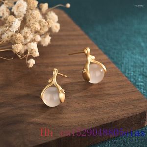 Brincos dangledes brancos jade bead garanhões de cristal mulheres zircon calcedonia 925 prata moda natural jóias jóias gemas gemest presentes