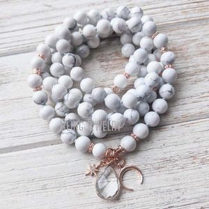 Pendanthalsband MN31555 Howlite Mala Rose Gold Color Crescent Moon Charm Necklace 108 Stone