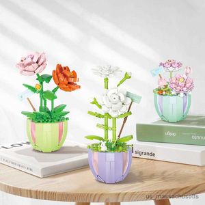 Blöcke Neue kreative Blumenstrauß -Topfblocks Set City Flower Rose Home Dekoration Gebäude B Spielzeug kompatibel R230817