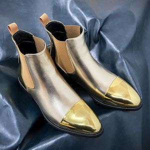 Botlar altın chelsea botlar erkek pu yüksek üst ayak bileği botları yuvarlak ayak ayak parmağı gece kulübü saç stilisti botlar klasik rock tarzı erkekler 230816