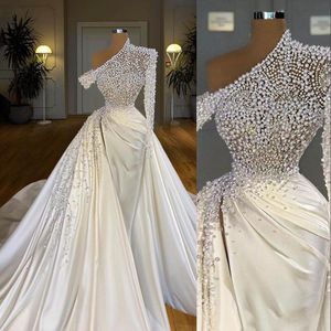 2023 Sexy Luxury Dubai Pearls Mermaid Wedding Dresses Illusion Pearls Beadings One Shoulder Satin Long Sleeve Overskirts Plus Size Bridal Gowns vestidos de novia