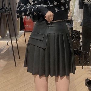 Skirts Faux Leather Women's Mini Pleated Skirt High Waist Sexy Black Female Short 2023 Autumn Winter Fashion Ladies Bottoms X53