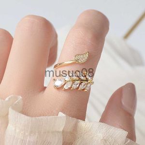 Band Rings 14k Real Gold Full CZ Leave Ring For Women Justerbar öppen design AAA Zircon Delicate Daily Jewelry Pendant J230817