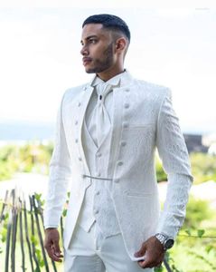Men's Suits 3D Jacquard 12 Button Ivory Stand Collar Blazer Trousers Suit 3Pcs Solid Color Pants Dinner Party Wear Jacket Vest