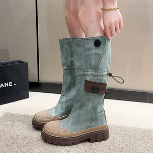 Dress Shoes Designer Women Knee High Boots Fashion Denim Fabric Platform Nonslip Novelty Ladies Winter Trend Punk Motorcycle Shoe 230816