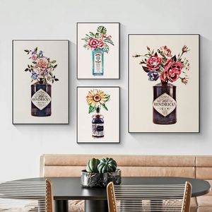 Vintage rustik blommor affischer gin tonic dryck cocktail rom canvas målar vägg konst retro bar kök matsal hem dekor ingen ram wo6