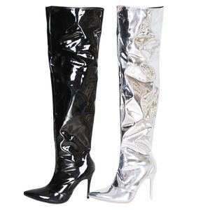 Botas Sexy Silver Mirror Taxa Boots High Women T Show Pointy Toe Club Party Sapatos finos de salto alto sobre as botas compridas para as mulheres 230816