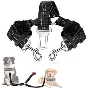 Dog Collars Leashes Double Car Seat Belt Elasticity Extention Reflective Stripe Adjustable Vehicle Travel Accessories Safety Leash for Two Pets 230816