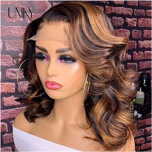 Highlight Bob Wig Perruques Bob 220%density Court Cheveux Humains Body Wave Bob Wig Human Hair Ombre Colored Wig Wet AndWavy T Part Lace Wig