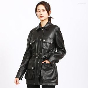 Couro feminino 2023 Spring Temperament Comuting Midn Length Belt Sheepskin Coat Genuine