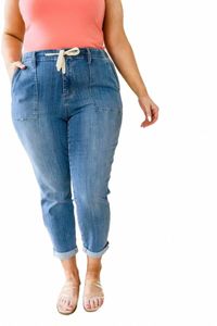 women's Jeans Judy Blue Payton Pull On Denim Joggers Fitted Carmen Double Cuff Loose Elastic Waist Versatile Casual Harem Straight Leg Pants h2tK#