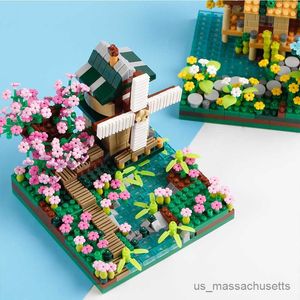 Bloco 600+PCs Sakura Windmill Micro Building Blocks Flower House City View Architecture Montar B Toys Presente para crianças garotas R230817