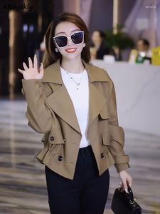 Women's Trench Coats Notched Women Vintage Defined Shirring Temper Chic Pure Office Lady Cool Autumn Basic Overcoats Streetwear 2023