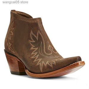 Boots KarinLuna Female Western Boots Wood Sole Pointed Toe Slip-On Print Ankle Boots Embroider 2022 Spring Comfy Woman Boots Shoes T230817