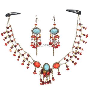 Böhmische ethnische rot blaue Acrylstirnbänder Ohrringe Sets für Frauen Steinschmuck Sets Indian Turkish Tribal Festival Party Geschenk x0817