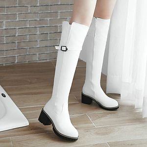 Dress Shoes winter Retro Round Toe Women Knee High Boots Fashion Faux Leather Buckle Zipper Platform Black and White Knight 230816