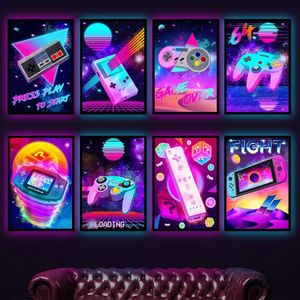 Картины Purple Gamepad Canvas Painting Retro Ditshout Poster Gaming Wall Print Print Pacster Prints Отпечатки скандинавски