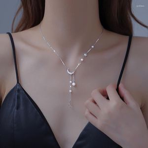 Kedjor Fashion Crystal Tassel Star Moon Charm Pendant Necklace For Women Girls Söt clavicle Chain Choker Pearl Smycken DZ060