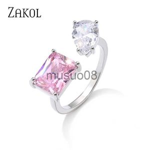 Bandringar Zakol Fashion Pink Square Water Drop Open Rings for Women Shinny Cubic Zirconia Wedding Justerbar Ring New Ins Style Jewelry J230817