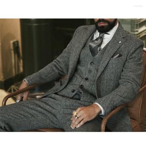 Men's Suits Gray Wool Tweed Men For Winter Wedding Formal Groom Tuxedo 3 Piece Herringbone Male Fashion Set Jacket Vest With Pants